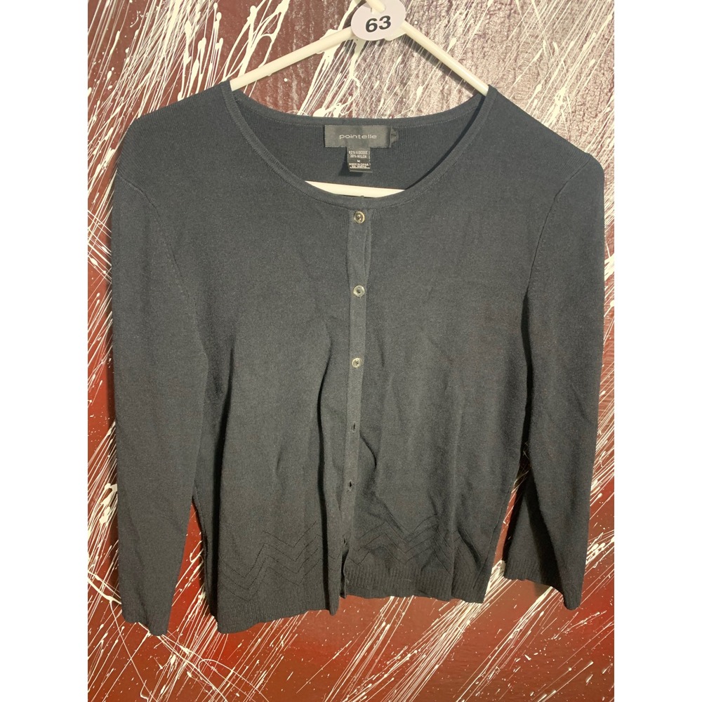 Pointelle Womens Black Button Up Cardigan Sweater Crew Neck Viscose Blend Size M